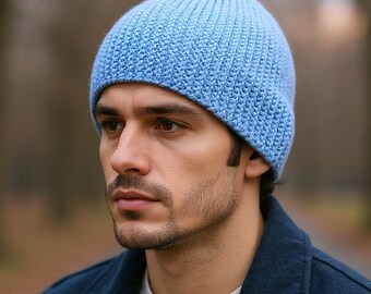 Mens Beanie Alpaca Hat Fisherman Beanie Knit Chemo Hat Sky Blue