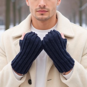 Mens Fingerless Mittens – Navy Blue Hand Knit Wool Gloves, Warm Winter Gift for Him, Soft Cozy Handmade Accessories
