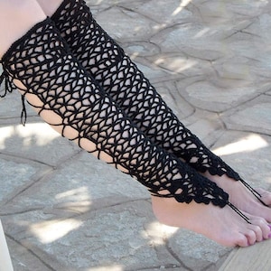 Black lace barefoot sandals Pole dance wear Gothic leg warmers Crochet barefoot Goth wedding Handmade fishnet leg warmers