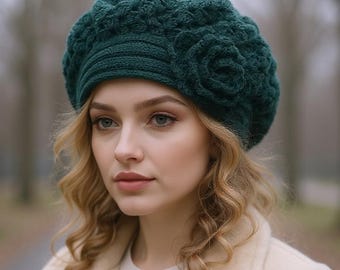 Green knit beret Flower beret  for women Crochet slouchy hat 40th birthday gifts for women Alpaca wool beret