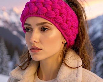 Crochet headband Braided ear warmer Hot pink hair band Wide headband Handmade gift for girl