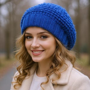 Knit beret for women Wool slouchy beanie Roya Blue oversized hat Thoughtful gift mom Cute winter hat Godmother gift Crochet gift for her