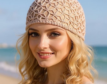 Crochet beanie Fitted hat Lace skull cap Cotton net hat Girl beanie
