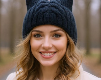 Fitted Cat Ear Beanie – Handmade Knit Kitty Hat with Fox Ears