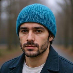 Handmade alpaca hat Fisherman beanie Teal knit hat Mens wool hat