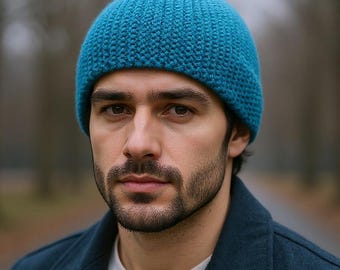 Handmade alpaca hat Fisherman beanie Teal knit hat Mens wool hat
