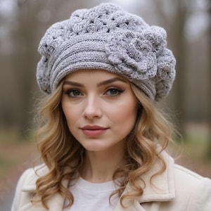 Boho hat with flower Slouchy beret Gray crochet hat Beret for women Gift for her
