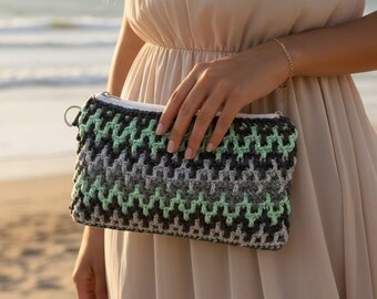 Crochet Cotton Clutch - Handmade Zipper Pouch with Lining - Boho Beach Handbag
