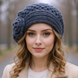 Crochet Beret with Flower – Wool Hat for Women – Cozy Handmade Gift Idea