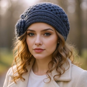 Beret for women Flower boho hat Wool beret women Oversized knit hat Gray beret hat