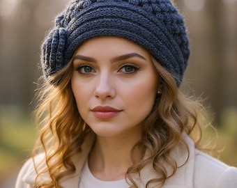 Beret for women Flower boho hat Wool beret women Oversized knit hat Gray beret hat