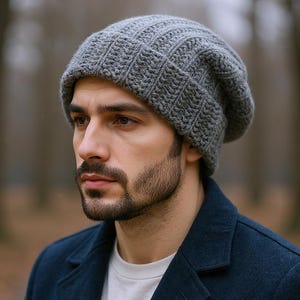 Customizable beanie Gray slouchy beanie Warm baggy hat Wool mens beanie Big head winter hat Handknit hat