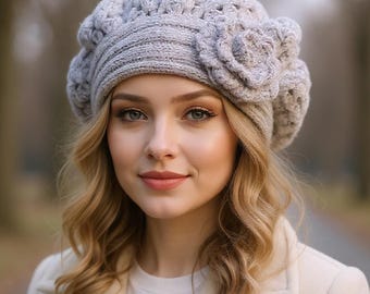 Cute hat with flower Crochet beret Knit beret for women Gift for her