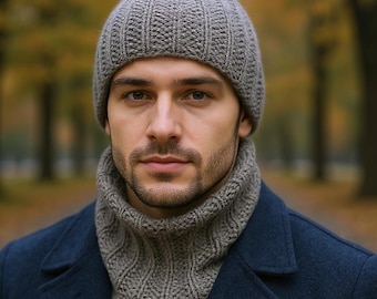 Winter Mens Beanie and Scarf Set – Alpaca Wool Fisherman Beanie with Matching Neck Gaiter