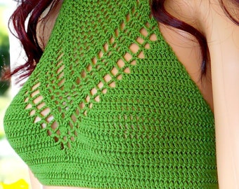 Green crop top High neck top Crochet halter top Gift for her Adjustable top Flexible size