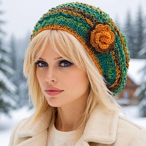 Knit hat with flower Cute beret Cottagecore hat Chemo hat Crochet hat Knit beret Slouchy beret Crochet beret Beret hat Beret for women