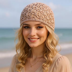 Net hat Cotton beanie Womens summer hat Mesh crochet beanie Beige lace hat