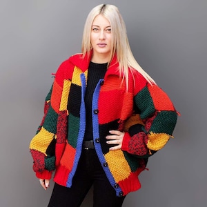 Handmade patchwork cardigan Oversized cardigan Chunky knit sweater Rainbow cardigan Chunky cardigan