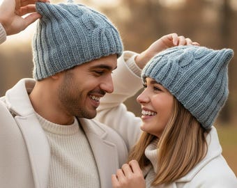 Handmade Wool Cat Ear Hat for Couples and Kids, Family Matching Set