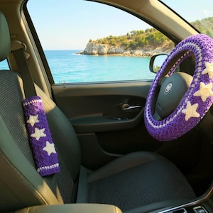 Car wheel cover Seat belt cover Purple car decor Interior car decor Mini cardigan charm