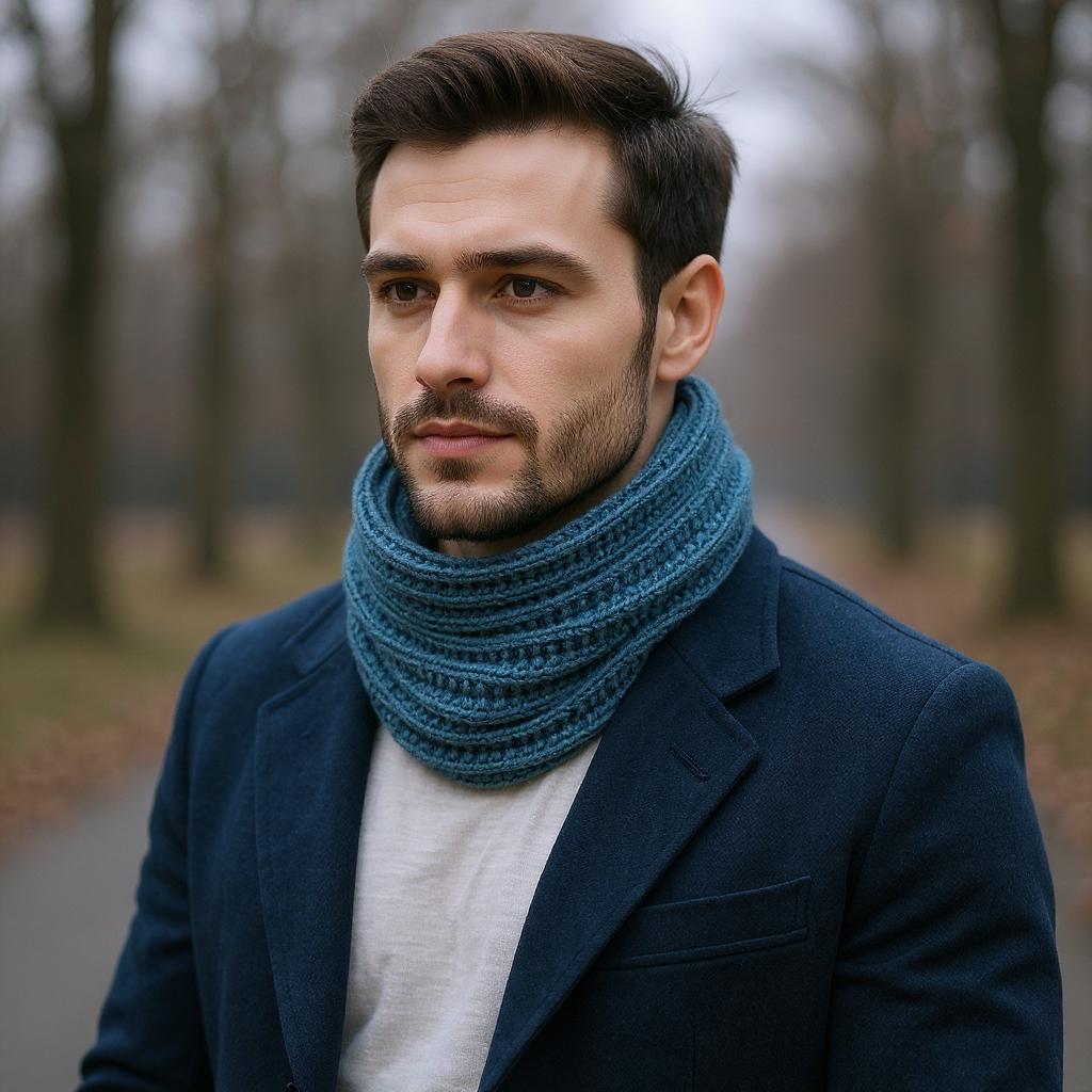 Infinity Wool Scarf Men Alpaca Knit Neck Warmer Navy Blue