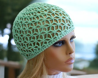 Mint summer hat Handmade lace beanie Mesh crochet hat Vintage style beanie