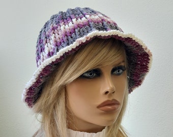 Handmade trendy hat Cloche hat women Crochet bucket hat Acrylic beanie Multicolor beanie Purple Gray hat