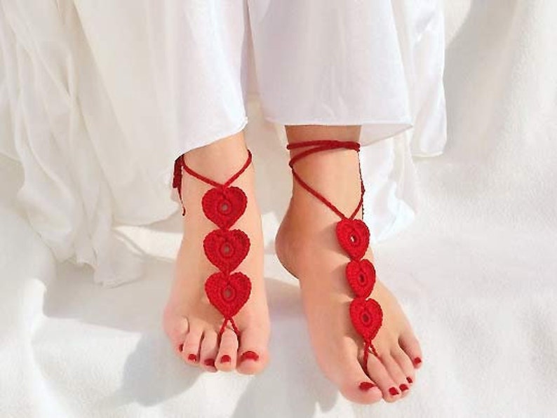 Valentines day gift Red heart barefoot sandals Crochet foot jewelry image 1