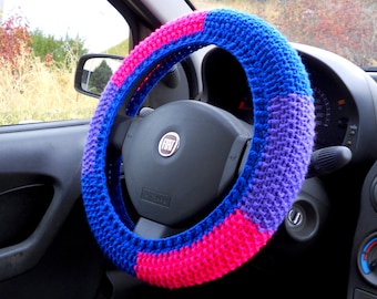 Crochet wheel cover Car interior decor Bisexual pride flag Cute car accessories