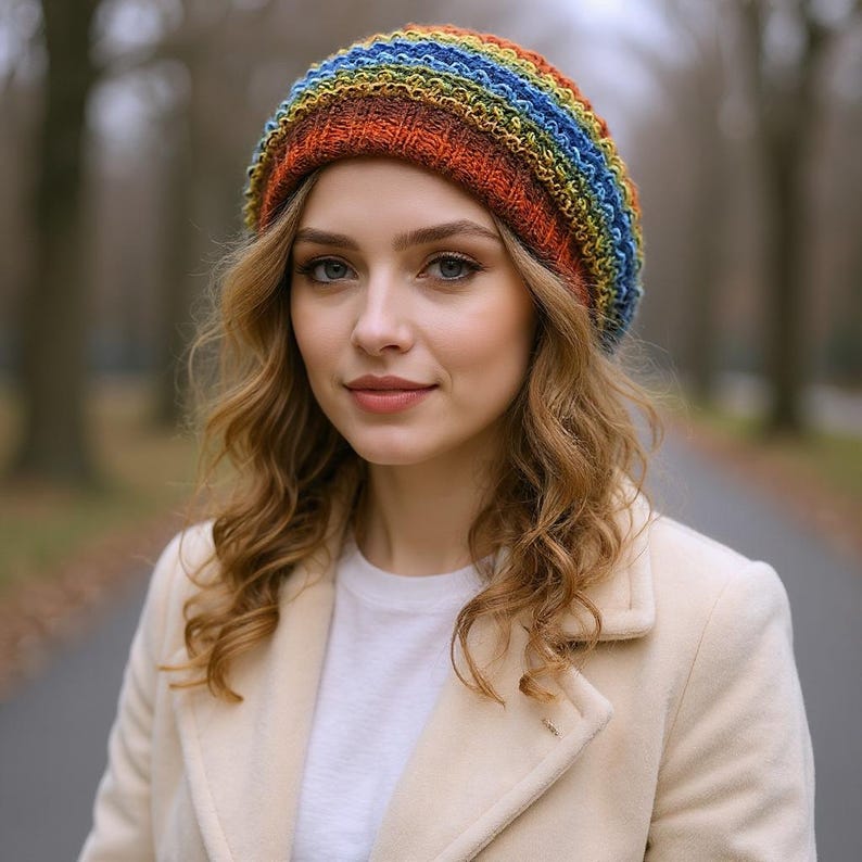 May include: A colorful, knitted beanie hat with a rainbow pattern. The hat features shades of blue, green, yellow, orange, and red. The hat is worn by a person with long, wavy blonde hair, wearing a white shirt and a cream-colored coat.