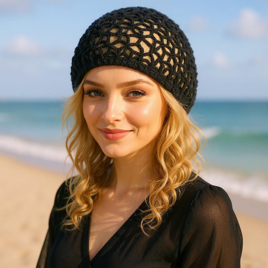 Black Slouchy Hat Crochet Summer Beret Hair Net Mesh Crochet Hat