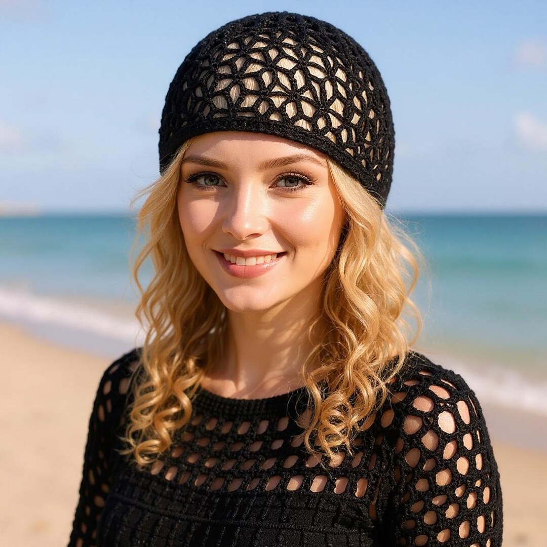 帽子 PERVERZE Crochet Knit Hat / Black Black gray Visor hat slouchy beanie Newsboy cap crochet