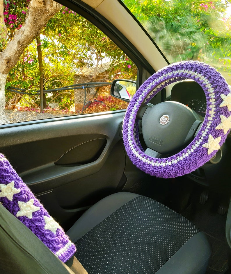 Purple Steering wheel cover Seat belt cover Car wheel cover Car accessories for teens image 5
