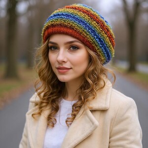 knit beret women, Rainbow knit hat, colorful knit hat, oversized beret, slouchy beanie women, beret for women, crochet slouch hat, knit handmade hat, vegan friendly beret, wife Christmas gift, daughter slouchy hat, cute acrylic beanie, multicolor beret