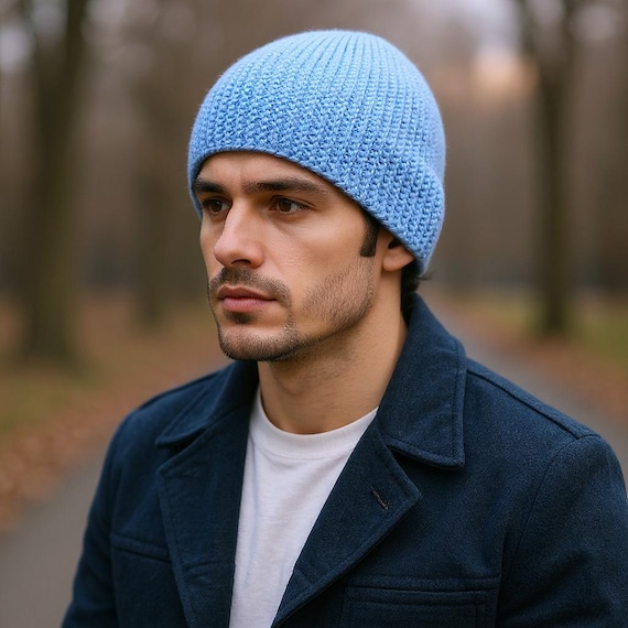 Mens Beanie Alpaca Hat Fisherman Beanie Knit Chemo Hat Sky Blue