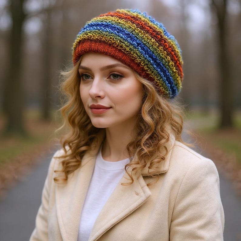 May include: A colorful, knitted beret in shades of red, orange, yellow, green, blue, and purple. The hat is worn by a person with curly blonde hair, wearing a white shirt and a beige coat. The background is a blurred outdoor scene.