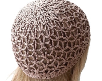 Crochet beanie Fitted hat Lace skull cap Cotton net hat Girl beanie