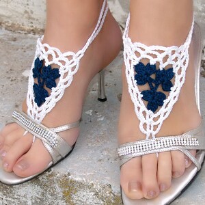 Footless sandals Lace foot jewelry White Blue barefoot sandals Boho barefoot Wedding barefoot Crochet foot jewelry Foot fetish jewelry image 6