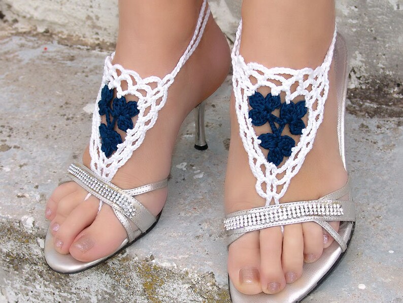 Footless sandals Lace foot jewelry White Blue barefoot sandals Boho barefoot Wedding barefoot Crochet foot jewelry Foot fetish jewelry image 6