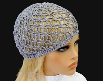 Silver skull cap Sparkle hat Summer beanie Lace knit hat