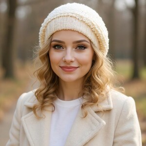 Knit beret Womens oversized hat Crochet hat Beret for women Chemo beanie Slouchy hat Alpaca gifts Cream beret Unique knit hat Beret hat image 8