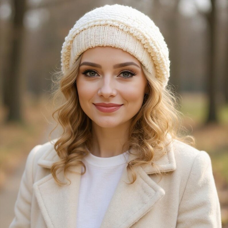 Knit beret Womens oversized hat Crochet hat Beret for women Chemo beanie Slouchy hat Alpaca gifts Cream beret Unique knit hat Beret hat image 8