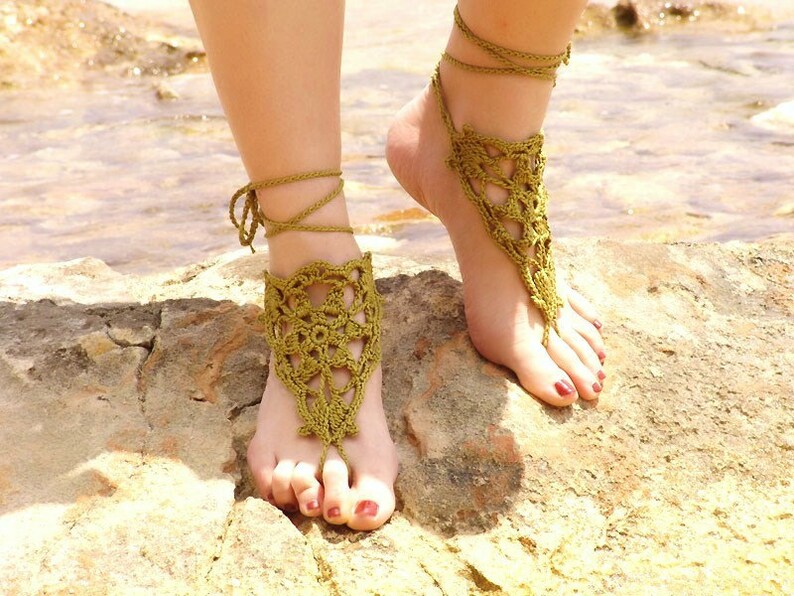 Olive Green crochet barefoot sandals Crochet anklet Wedding barefoot Boho barefoot Beach wedding sandals Footless sandals Bottomless sandals image 2