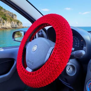 Crochet steering wheel cover for women Car decor for teens Seat belt cover Red car wheel cover