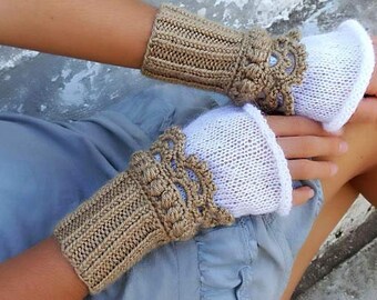 Crochet hand cuffs Beige texting gloves Knit boho fingerless mittens Boho gloves Angora gloves Soft hand warmers