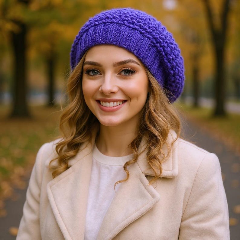 Knit beret Womens oversized hat Crochet hat Beret for women Chemo beanie Slouchy hat Alpaca gifts Cream beret Unique knit hat Beret hat image 4
