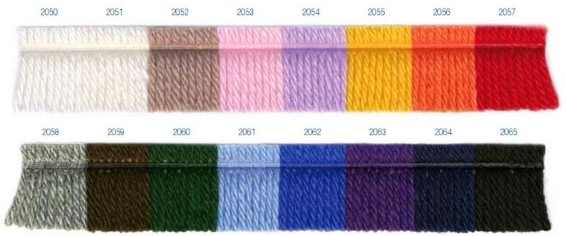 May include: A color chart with 16 yarn samples. The samples are arranged in two rows of eight. The top row includes white, beige, pink, lavender, yellow, orange, red, and burgundy. The bottom row includes gray, brown, green, light blue, blue, purple, navy, and black.