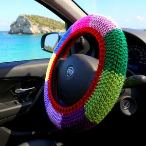 Steering wheel cover Aesthetic car accessories Preppy crochet Car interior decor Car accessories for women Patchwork car decor Rainbow wheel