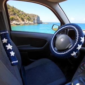 Seatbelt cover Steering wheel cover Car decor for teens Navy Blue stars embroidered car wheel cover