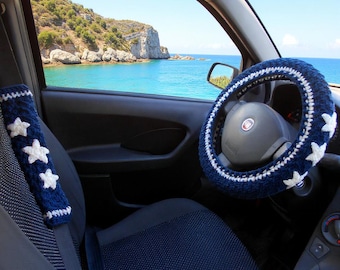 Seatbelt cover Steering wheel cover Car decor for teens Navy Blue stars embroidered car wheel cover